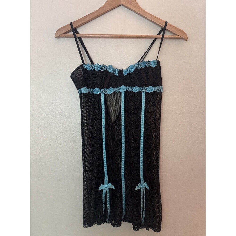 FREDERICK'S OF HOLLYWOOD Lingerie Babydoll Black Sheer Lace Satin M y2k Medium